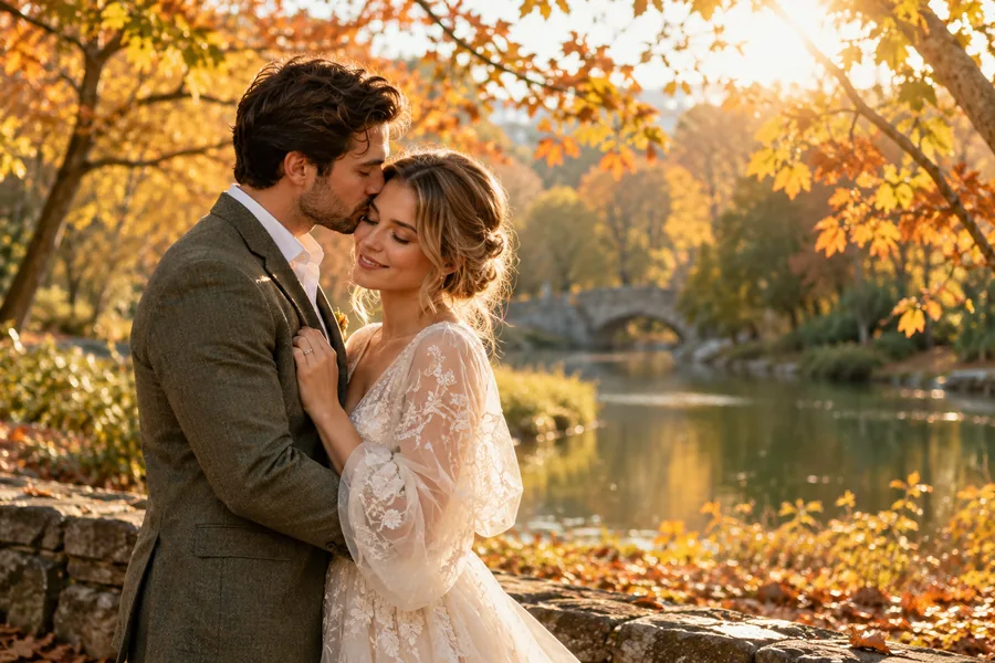 Couple embracing beside a lake surrounded by autumn leaves