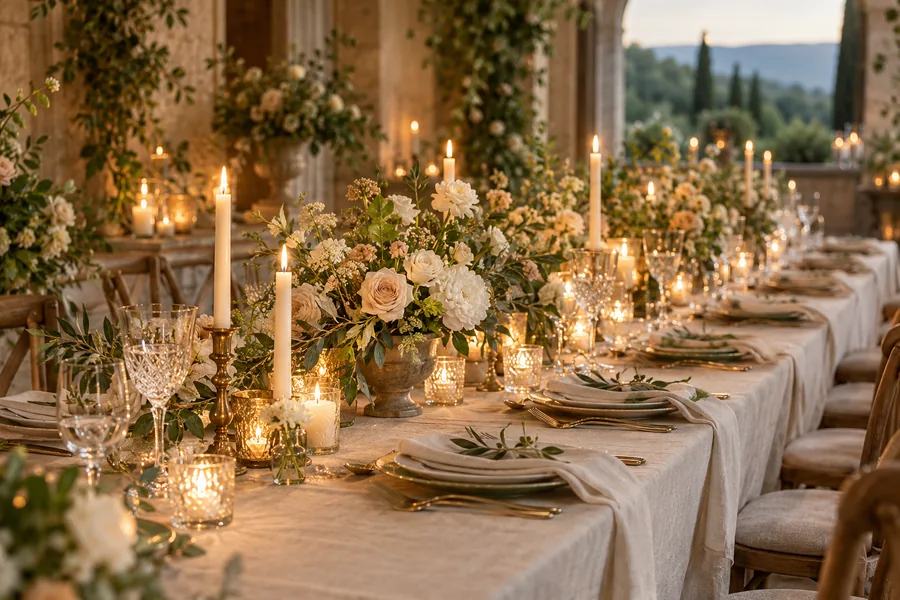 Candlelit wedding table with pale flowers and linen