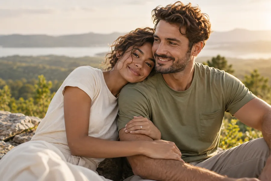 Couple wearing coordinated cream and sage shirts outdoors