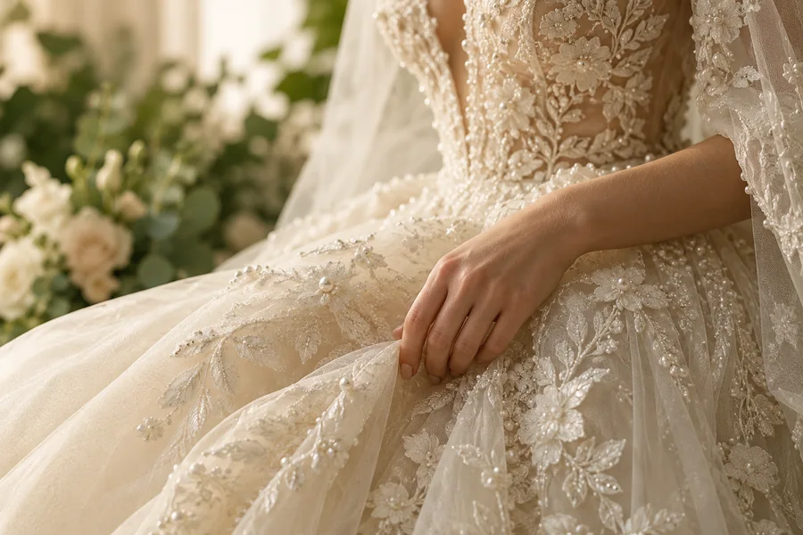 Detail of an ivory lace dress with a hand resting on the skirt