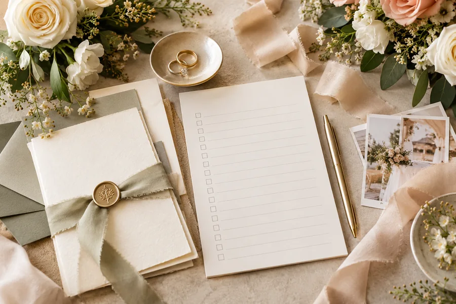 Wedding planning notebook with blank checkboxes and cream stationery